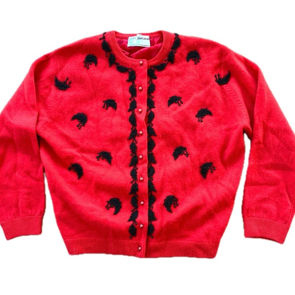 Vintage Original 1950s 60s Red Angora Lambswool Cardigan Beaded Sweater Medium
